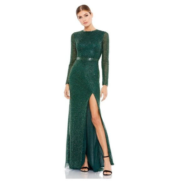 Mac Duggal Bottle Green Embellished Beaded High Neck Long Sleeve Gown - Reemoly